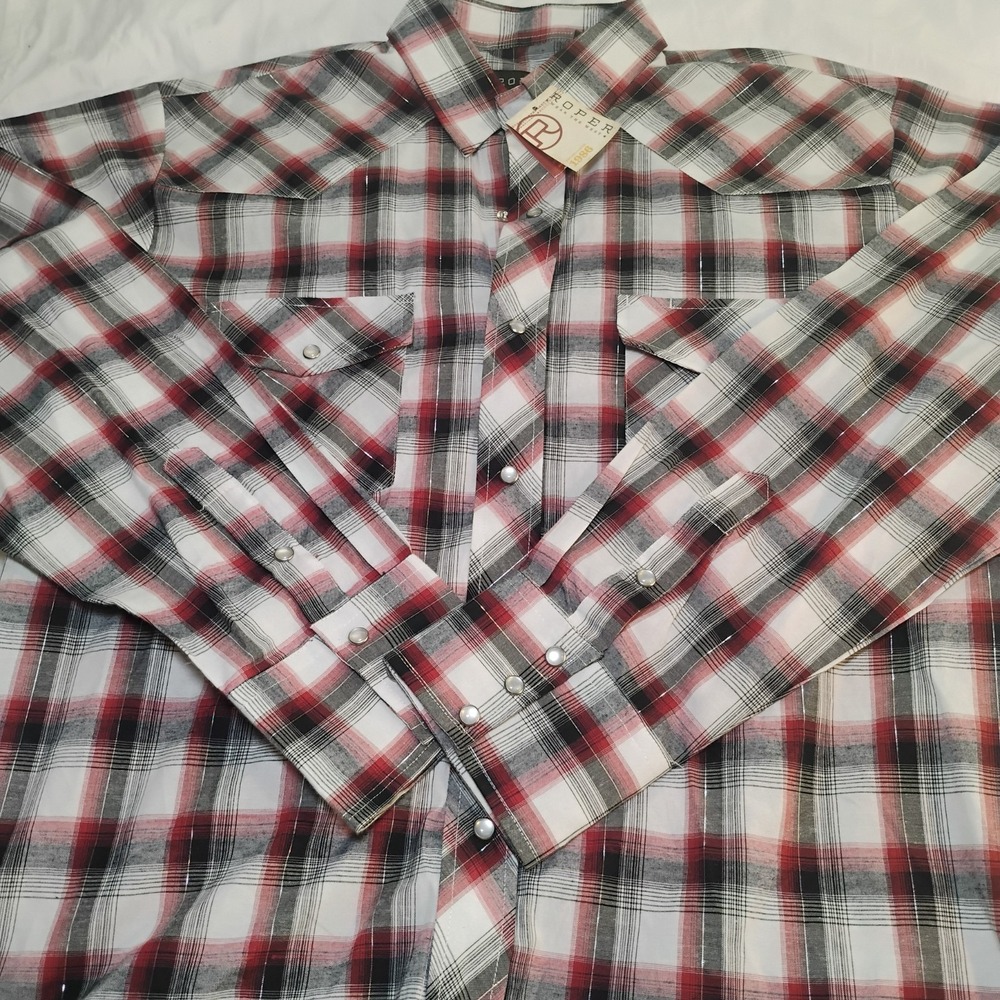 Men's Roper Western-Style Plaid Pearl Snap Long Sleeve Shirt Lg Red Black Plaid